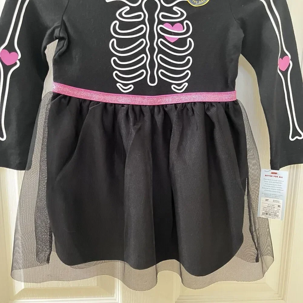 Cat & Jack Black Skeleton Halloween Tulle Dress Glows In The Dark Girls 3T NWT